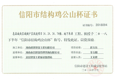 “息縣城南區(qū)域棚戶區(qū)改造項(xiàng)目1#、2#、3#、7#樓、地下車庫工程”被授予2018下半年“信陽市結(jié)構(gòu)雞公山杯”稱號(hào)