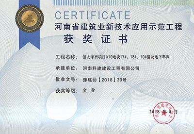 “恒大綠洲項目A10地塊17#、18#、19#樓及地下車庫工程”榮獲“河南省建筑業(yè)新技術(shù)應(yīng)用示范工程”金獎